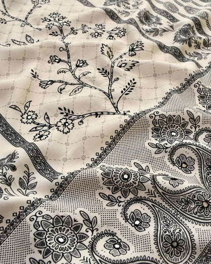 Ivory Muslin Unstitched Suit Set with Black Floral Prints and Hand Embroidery