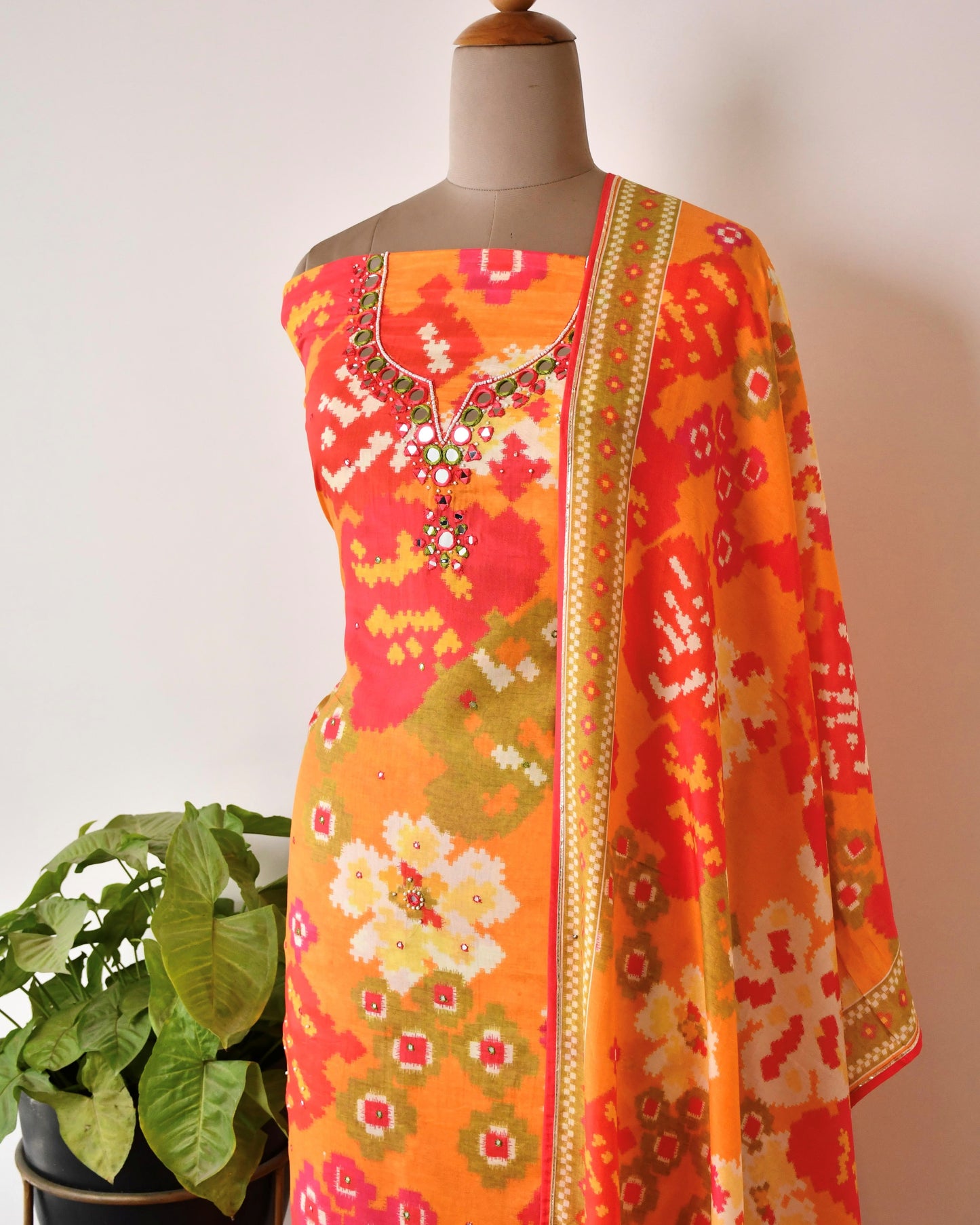 Pure Muslin Unstitched Suit with Hand-Crafted Mirror Work