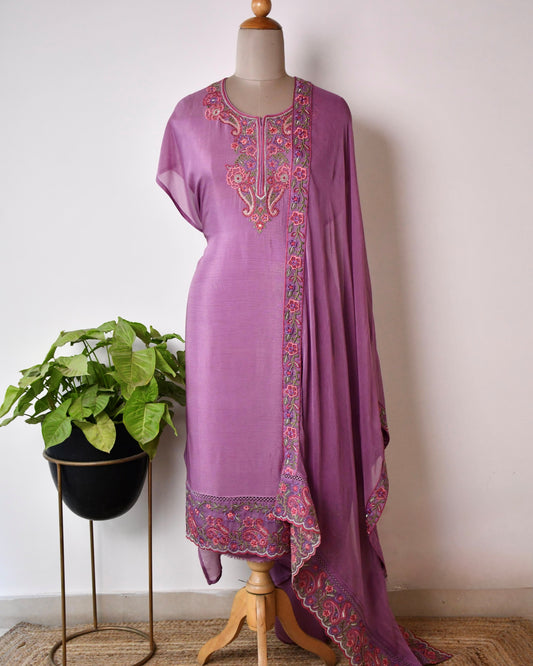 Pure Crepe Unstitched Suit with Scalloped Embroidery