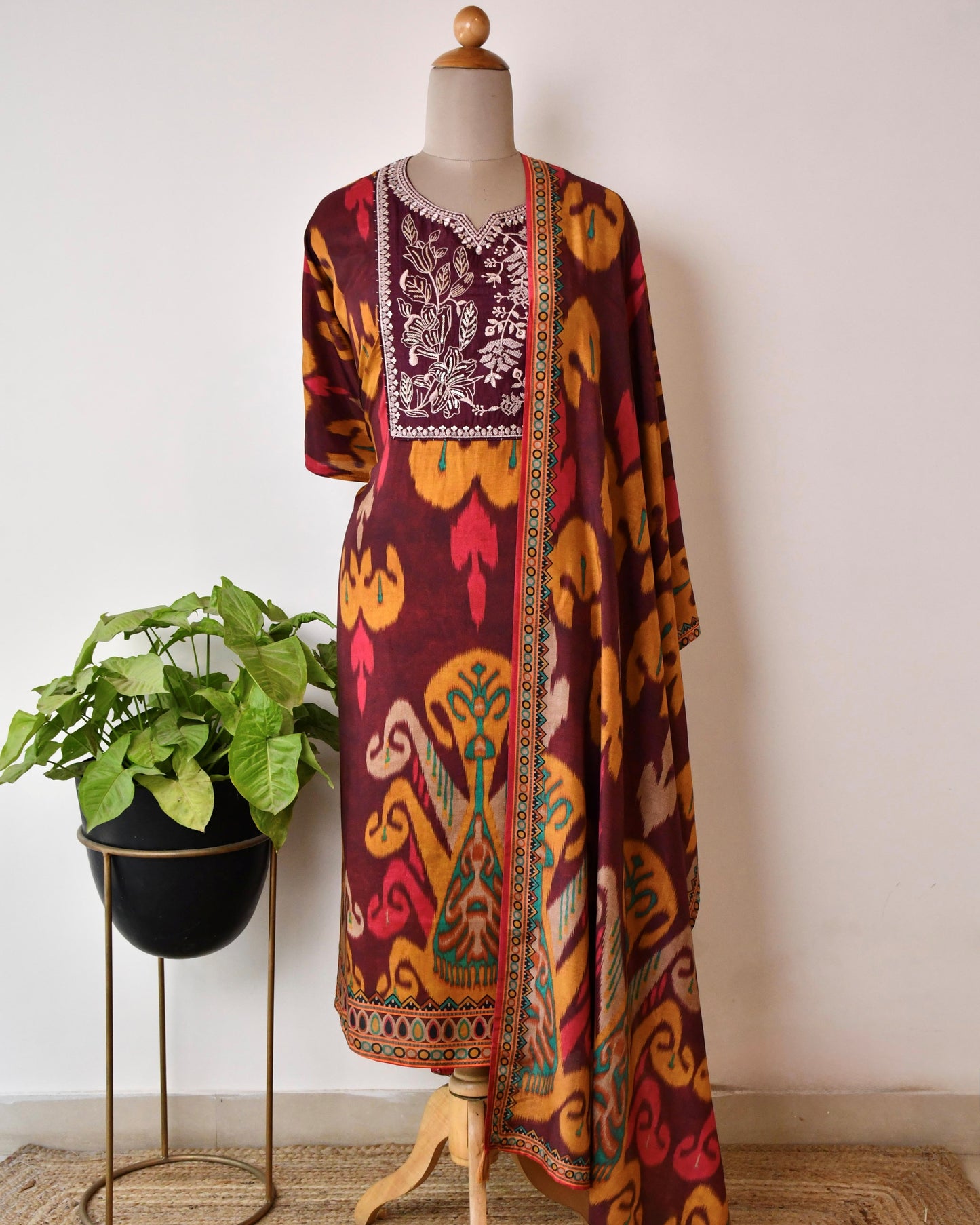 Artisanal Pure Muslin Unstitched Suit with Hand-Embroidered Detailing