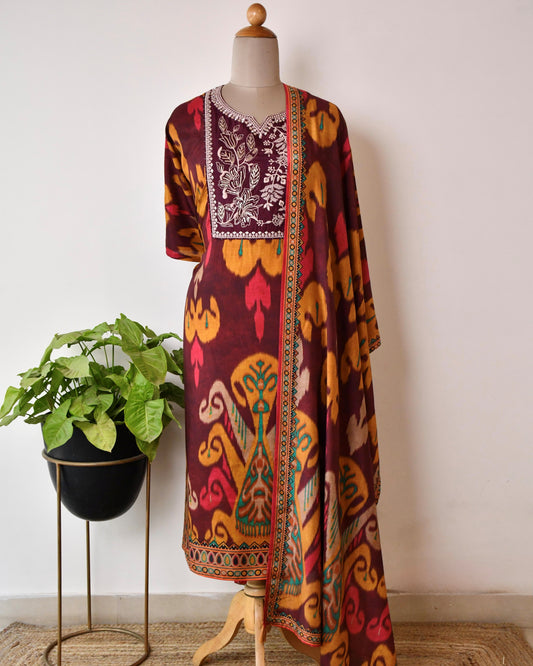 Artisanal Pure Muslin Unstitched Suit with Hand-Embroidered Detailing