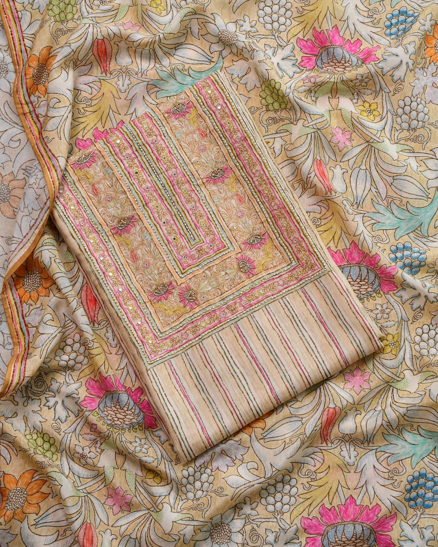 Pure Muslin Hand-Embroidered Unstitched Suit Set