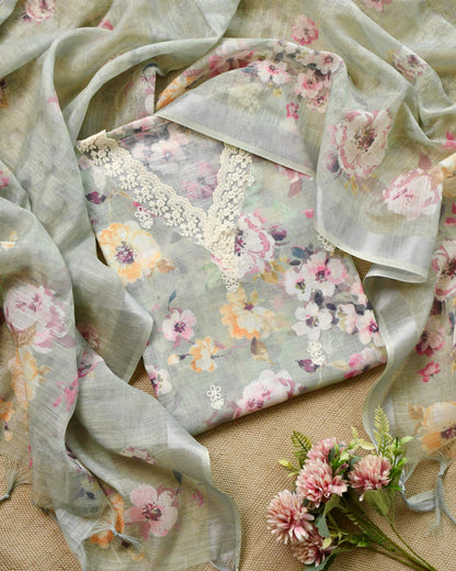 Mint Floral Pure Linen Unstitched Suit with Crochet Lace Work