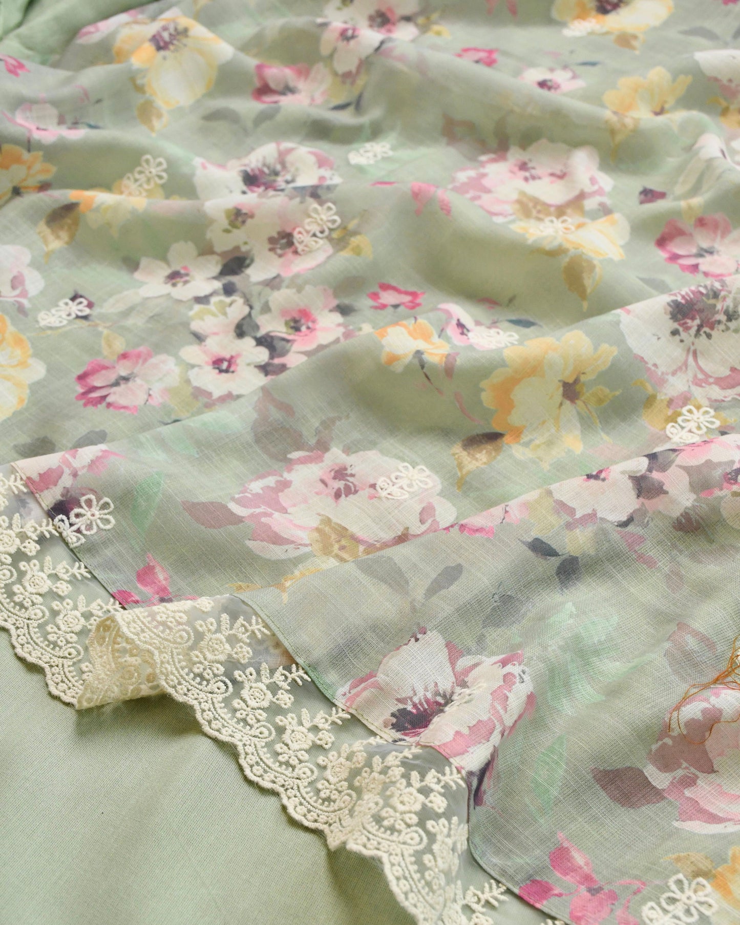 Mint Floral Pure Linen Unstitched Suit with Crochet Lace Work