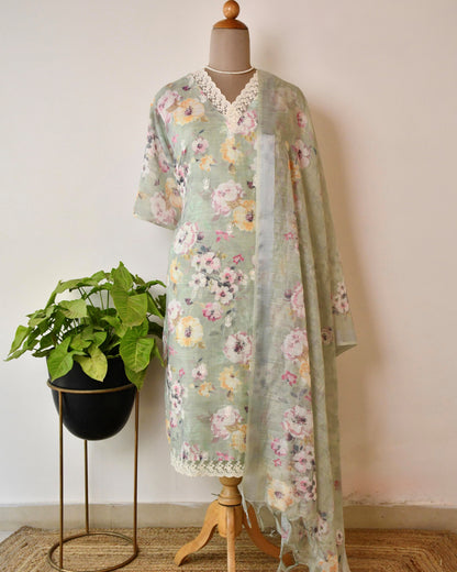 Mint Floral Pure Linen Unstitched Suit with Crochet Lace Work