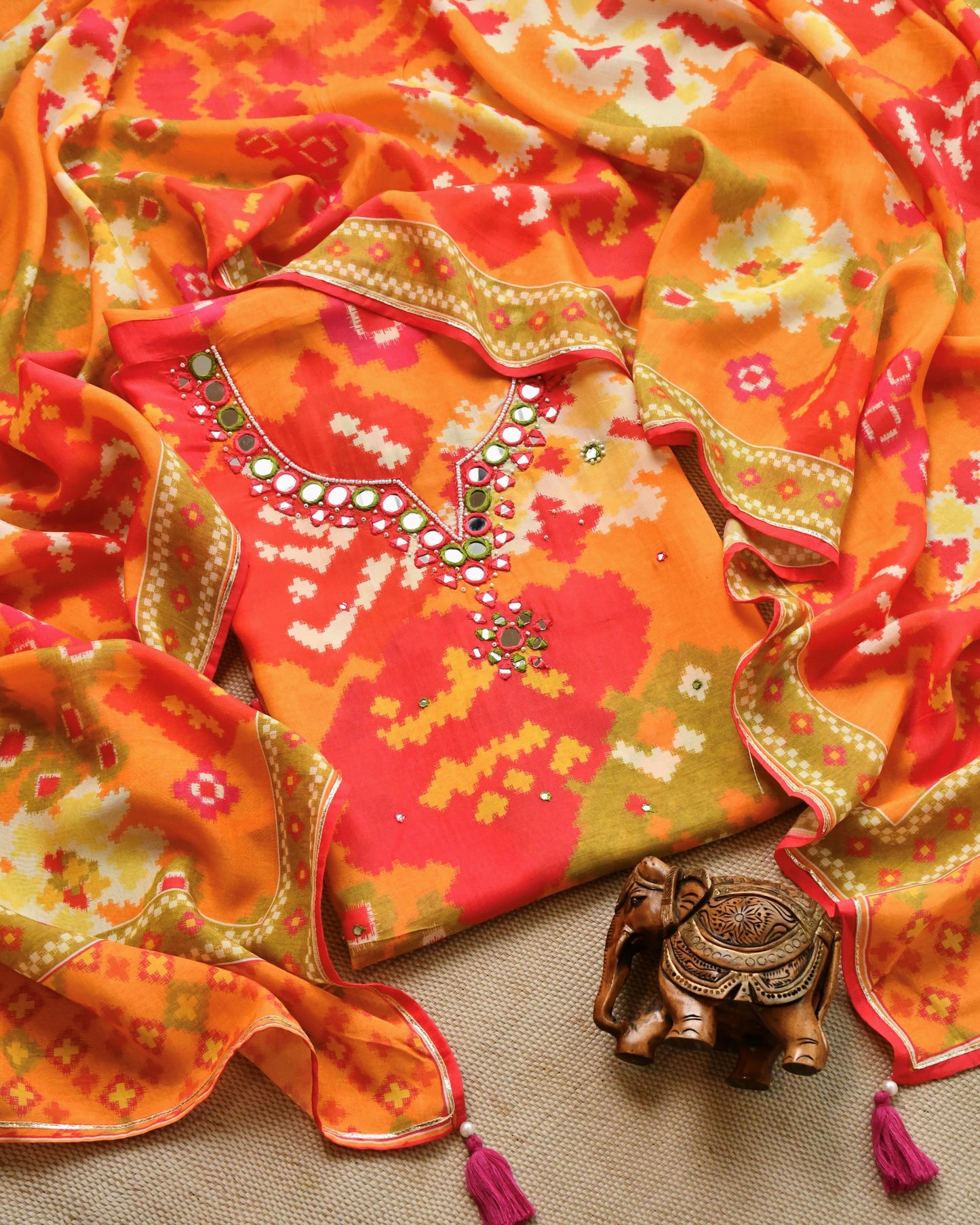 Pure Muslin Unstitched Suit with Hand-Crafted Mirror Work