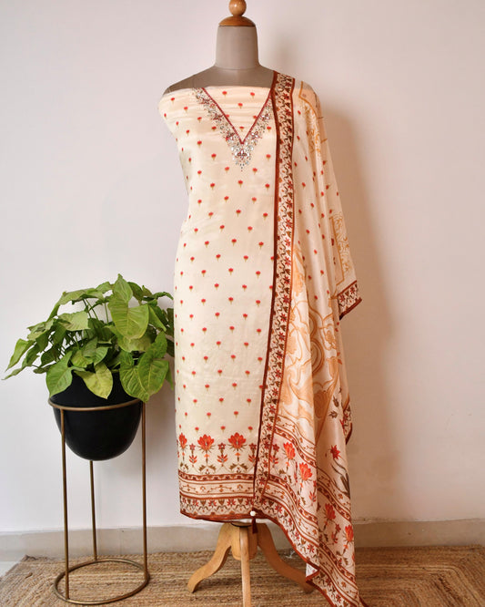 Hand-Embroidered Modal Silk Unstitched Suit with Boutique Yoke