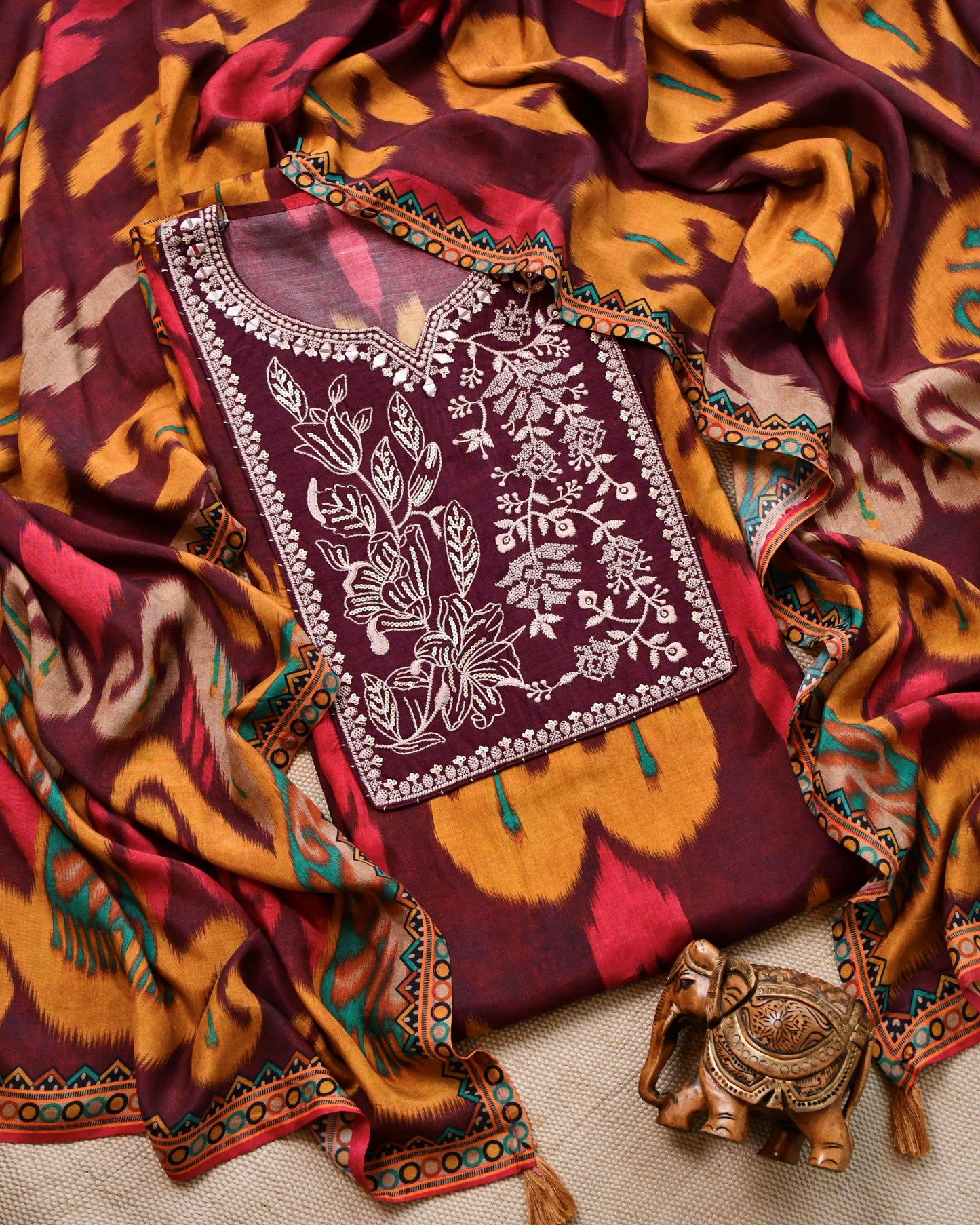 Artisanal Pure Muslin Unstitched Suit with Hand-Embroidered Detailing