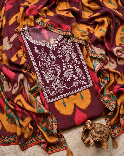 Artisanal Pure Muslin Unstitched Suit with Hand-Embroidered Detailing