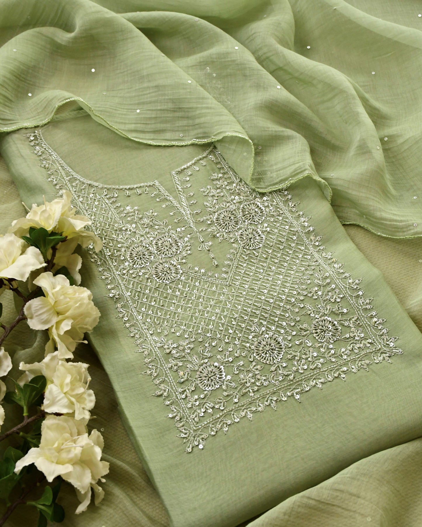 Pure Mull Chanderi Unstitched Suit with Intricate Pearl & sequence Hand Embroidery