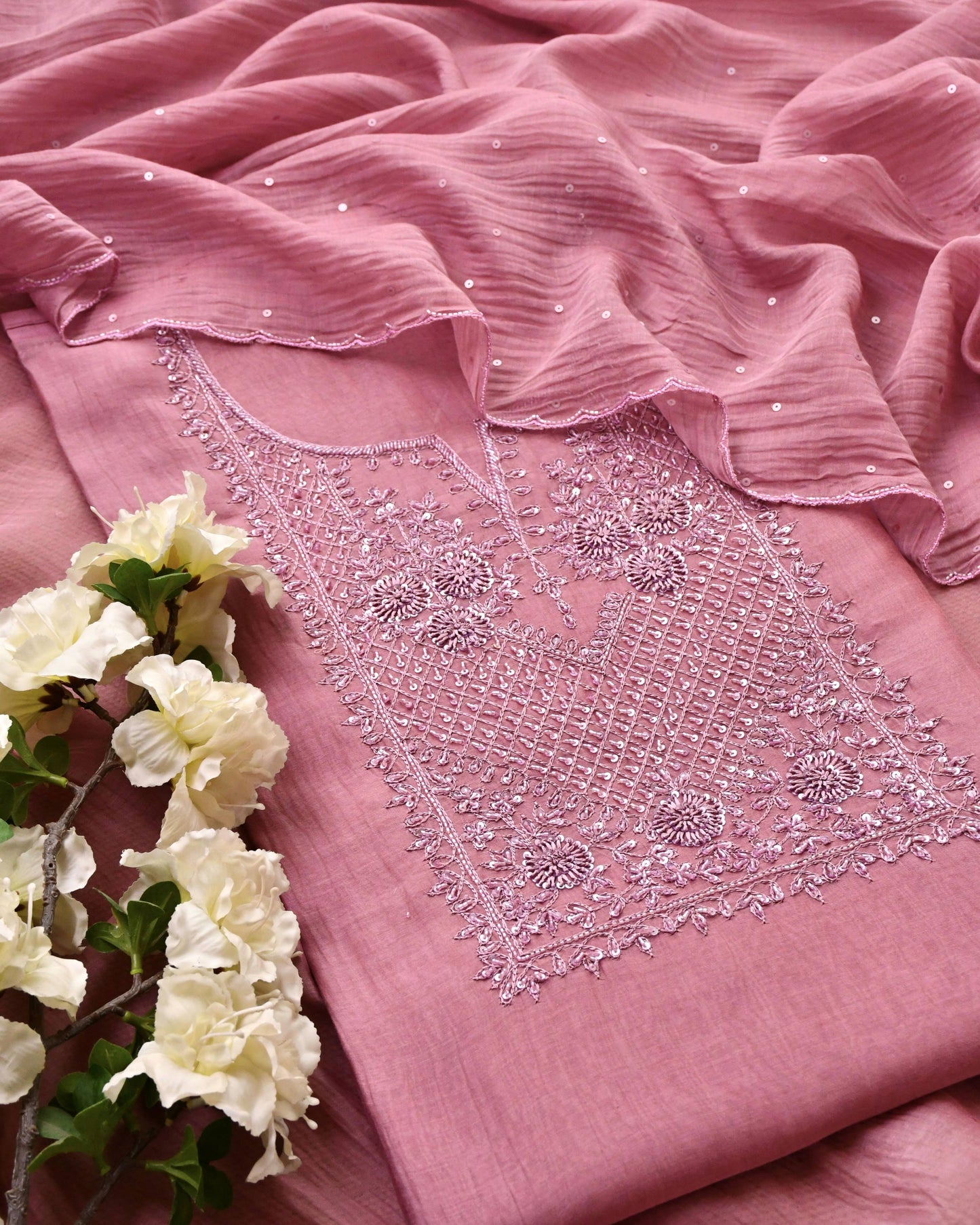 Pure Mull Chanderi Unstitched Suit with Intricate Pearl & sequence Hand Embroidery
