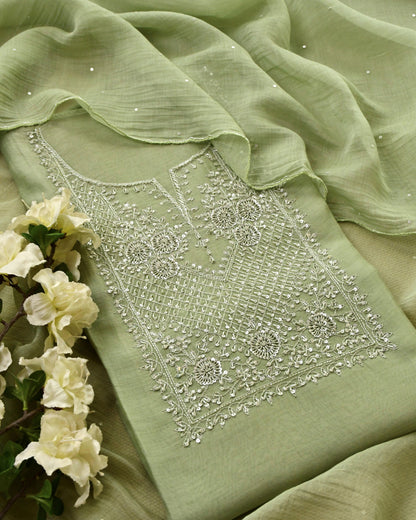 Pure Mull Chanderi Unstitched Suit with Intricate Pearl & sequence Hand Embroidery
