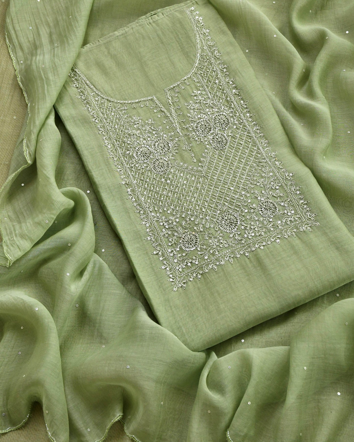 Pure Mull Chanderi Unstitched Suit with Intricate Pearl & sequence Hand Embroidery