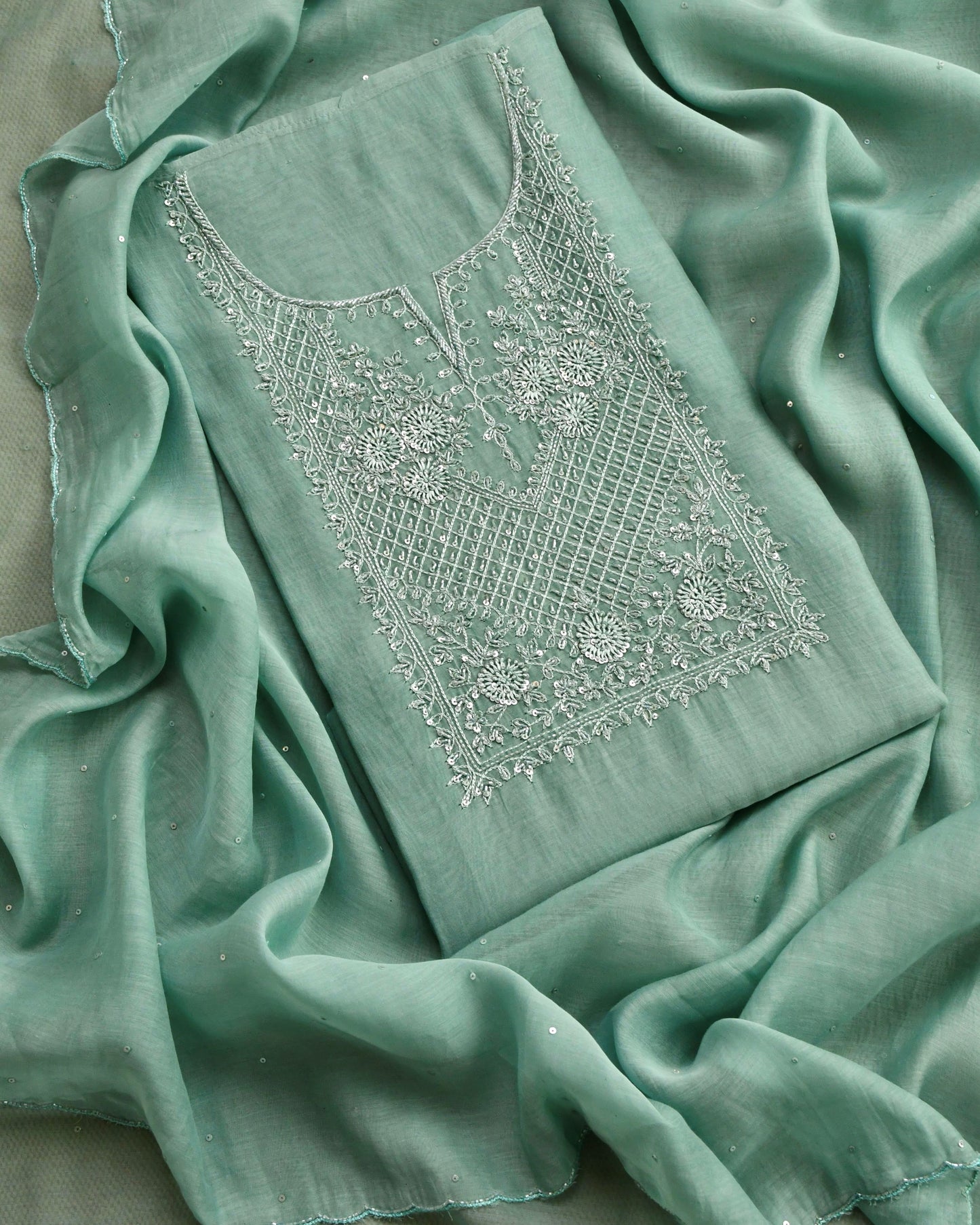 Pure Mull Chanderi Unstitched Suit with Intricate Pearl & sequence Hand Embroidery