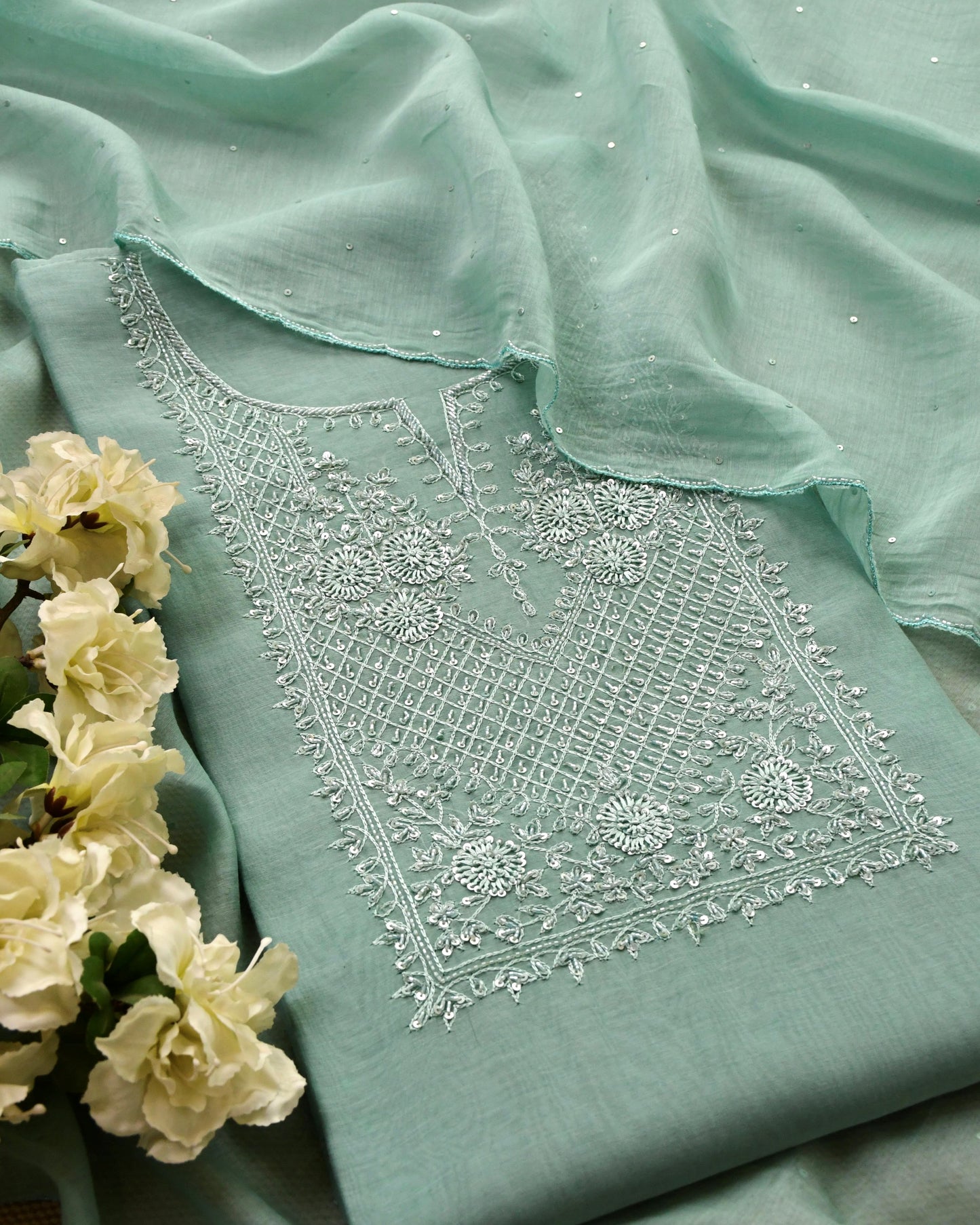 Pure Mull Chanderi Unstitched Suit with Intricate Pearl & sequence Hand Embroidery