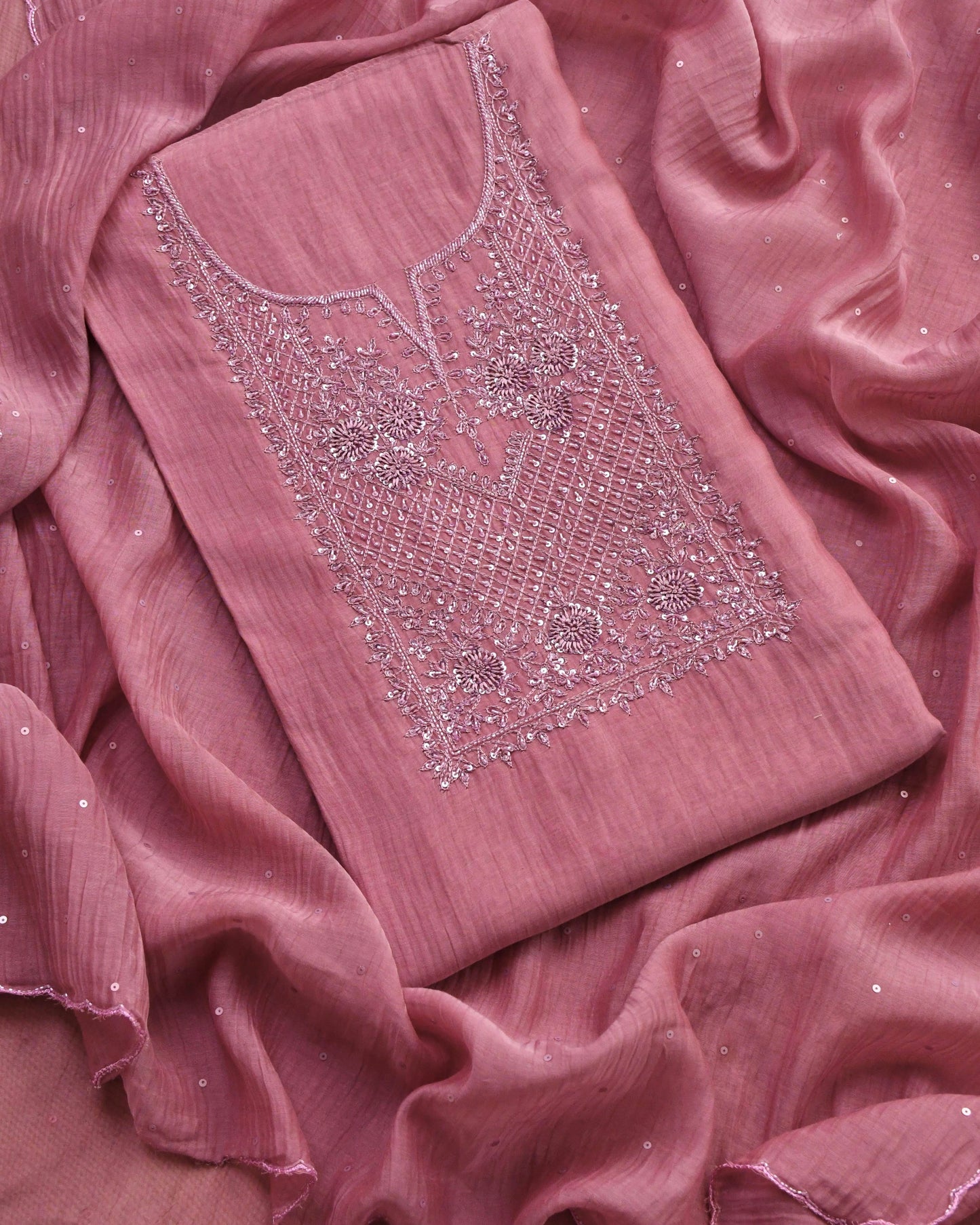 Pure Mull Chanderi Unstitched Suit with Intricate Pearl & sequence Hand Embroidery
