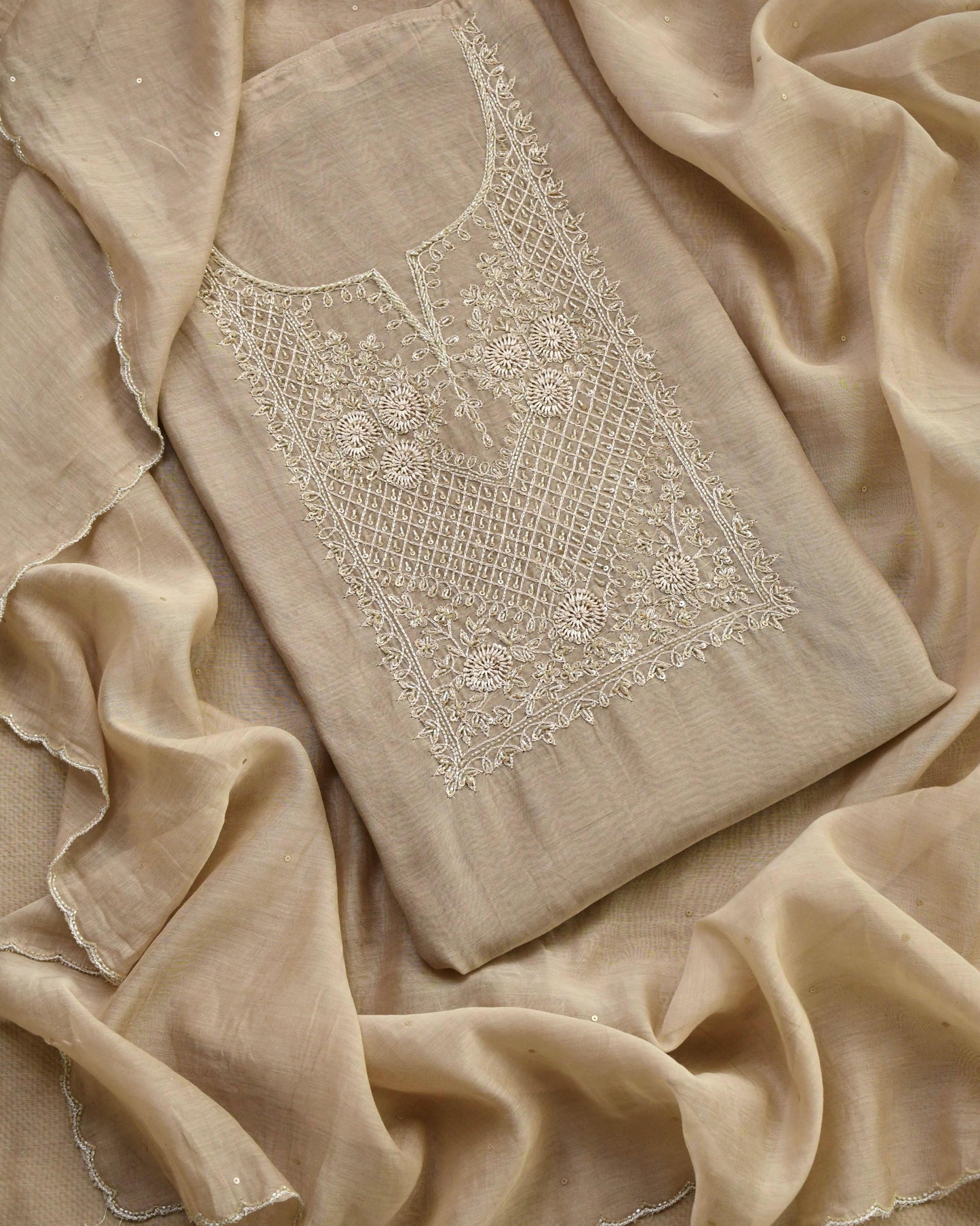 Pure Mull Chanderi Unstitched Suit with Intricate Pearl & sequence Hand Embroidery