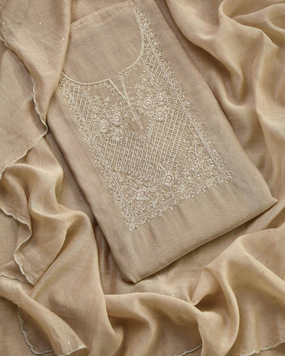 Pure Mull Chanderi Unstitched Suit with Intricate Pearl & sequence Hand Embroidery