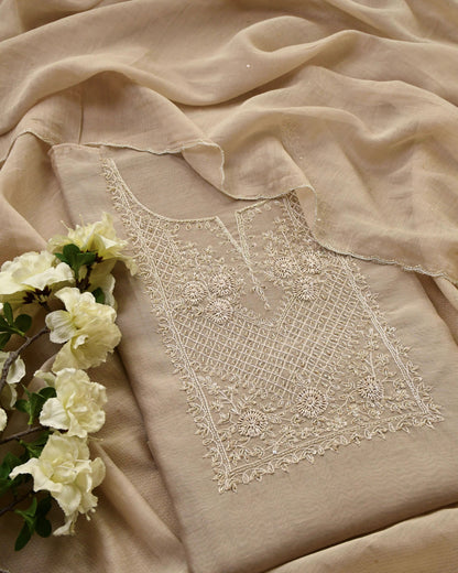 Pure Mull Chanderi Unstitched Suit with Intricate Pearl & sequence Hand Embroidery