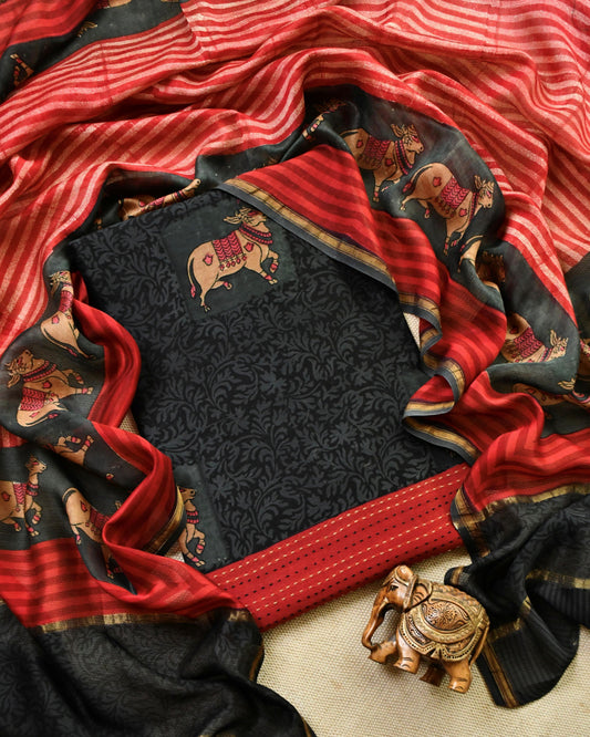 Pichwai Kantha Work Unstitched Suit