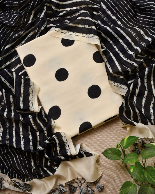 Pure Maheshwari Silk Polka Dot Unstitched Suit Set