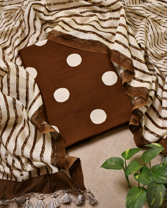 Pure Maheshwari Silk Polka Dot Unstitched Suit Set