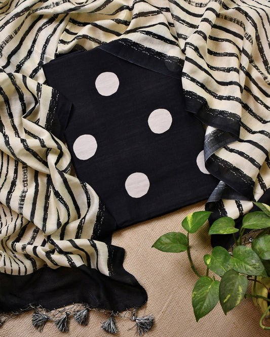 Pure Maheshwari Silk Polka Dot Unstitched Suit Set