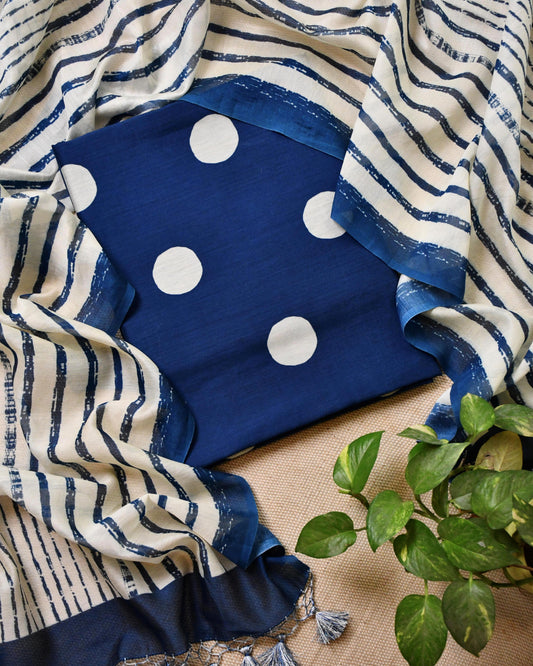 Pure Maheshwari Silk Polka Dot Unstitched Suit Set