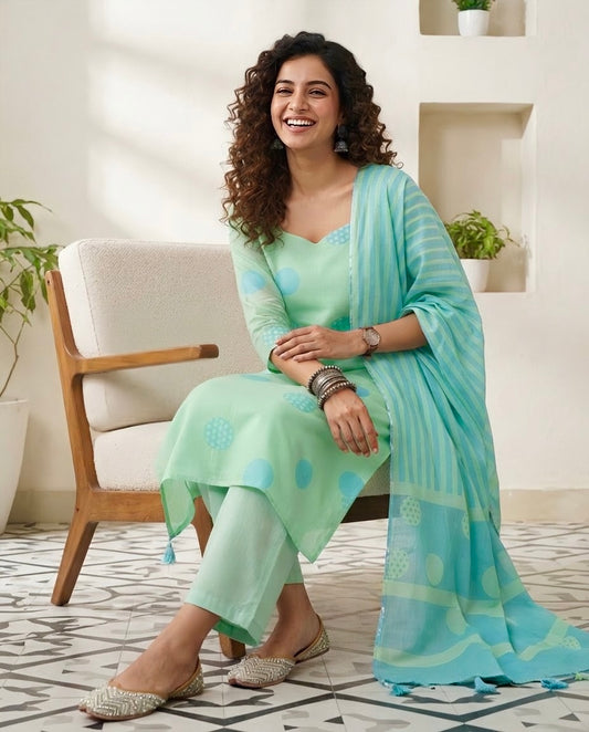 Polka Dot  Mul Chanderi Unstitched Suit Set