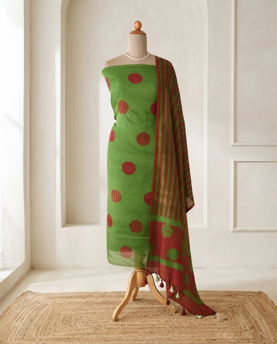 Polka Dot  Mul Chanderi Unstitched Suit Set