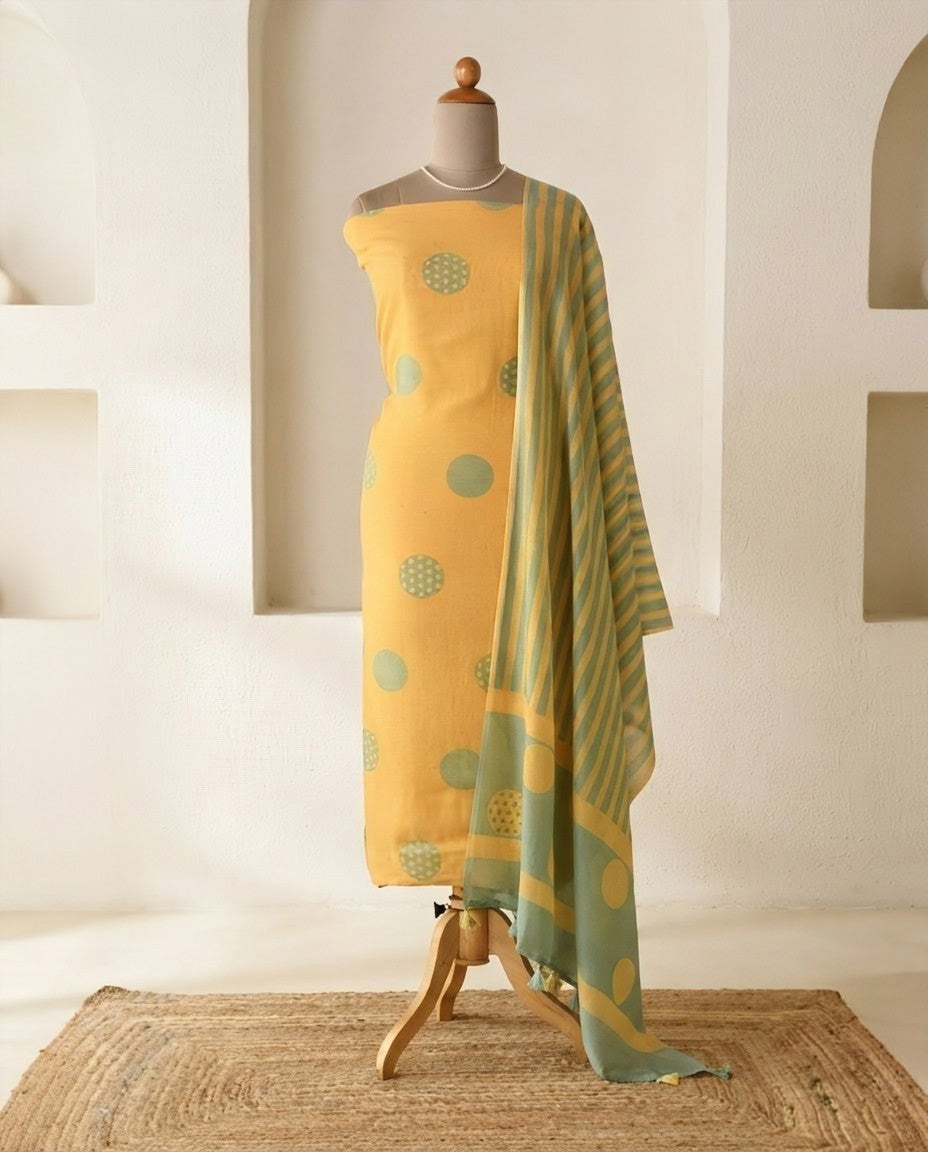 Polka Dot  Mul Chanderi Unstitched Suit Set