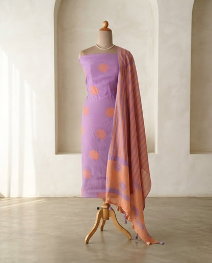 Polka Dot  Mul Chanderi Unstitched Suit Set