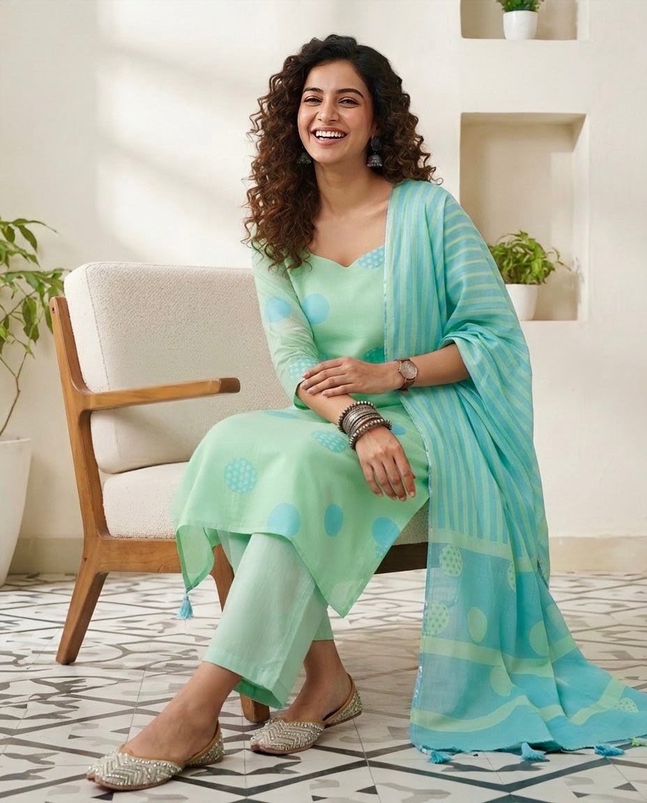 Polka Dot  Mul Chanderi Unstitched Suit Set
