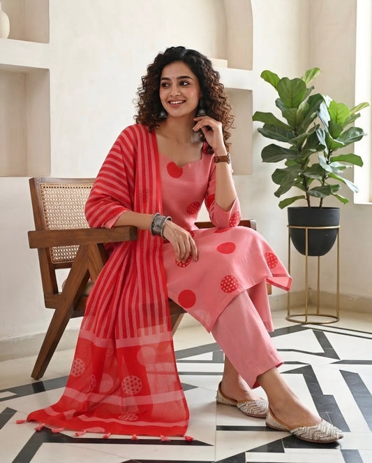 Polka Dot  Mul Chanderi Unstitched Suit Set