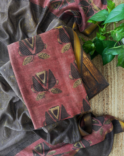 Natural Pomegranate Dye Maheshwari Silk Unstitched Suit Set