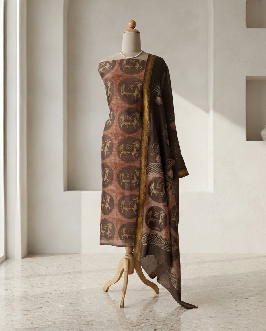 Natural Pomegranate Dye Maheshwari Silk Unstitched Suit Set