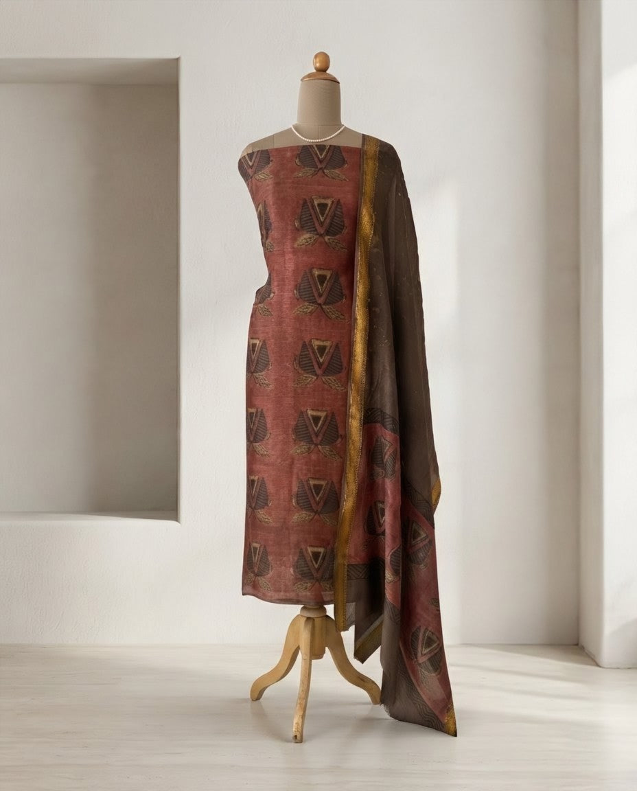 Natural Pomegranate Dye Maheshwari Silk Unstitched Suit Set