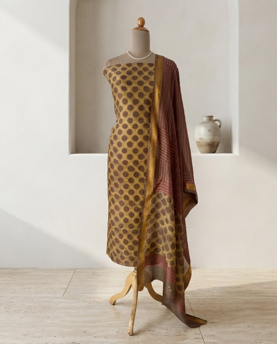 Natural Pomegranate Dye Maheshwari Silk Unstitched Suit Set