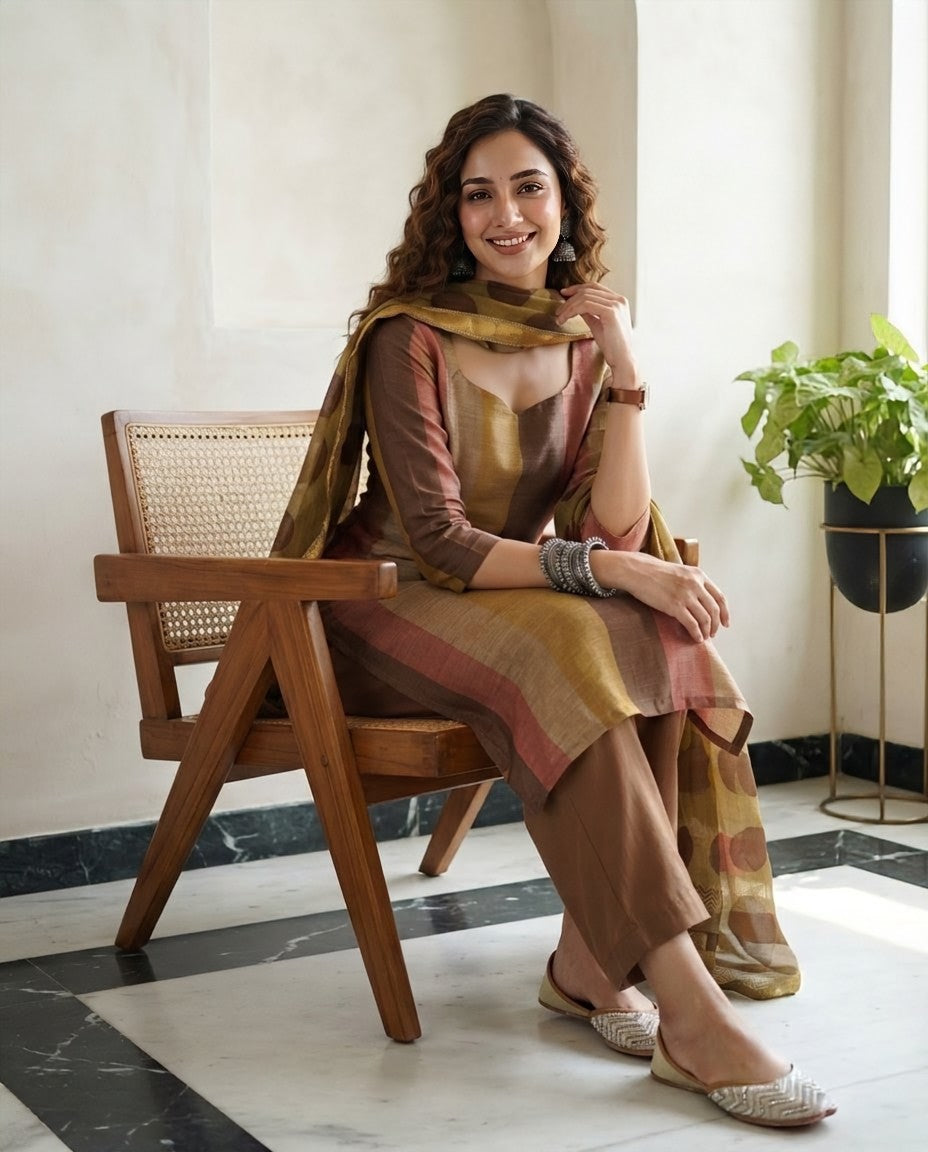 Natural Pomegranate Dye Maheshwari Silk Unstitched Suit Set