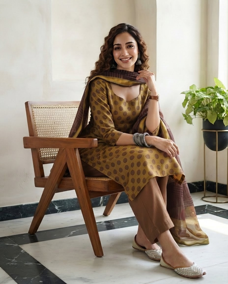 Natural Pomegranate Dye Maheshwari Silk Unstitched Suit Set