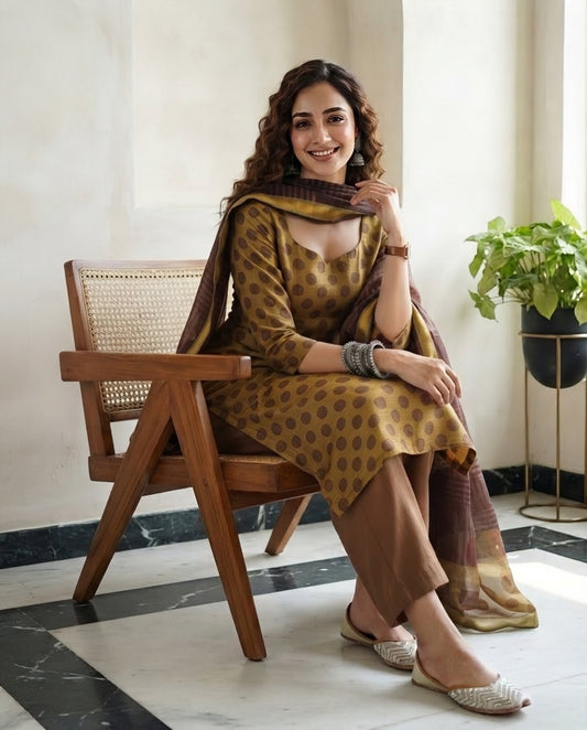 Natural Pomegranate Dye Maheshwari Silk Unstitched Suit Set