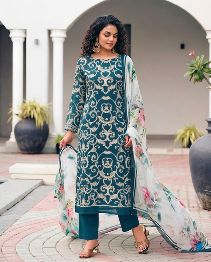 Premium Teal Blue Pure Georgette Unstitched Suit Set with Floral Dupatta