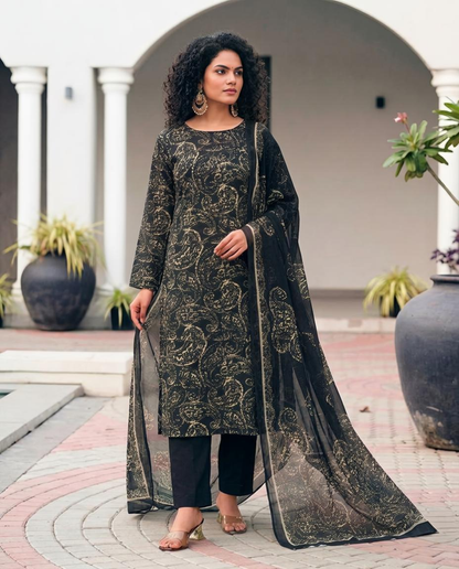 Premium Black Pure Georgette Unstitched Suit Set with Printed Dupatta