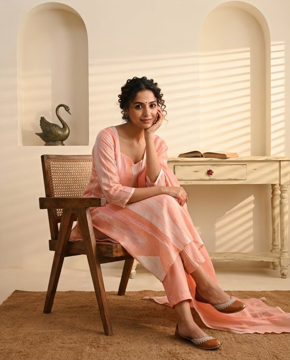 Pure Linen Unstitched Suit  Set with Mul Chanderi Dupatta