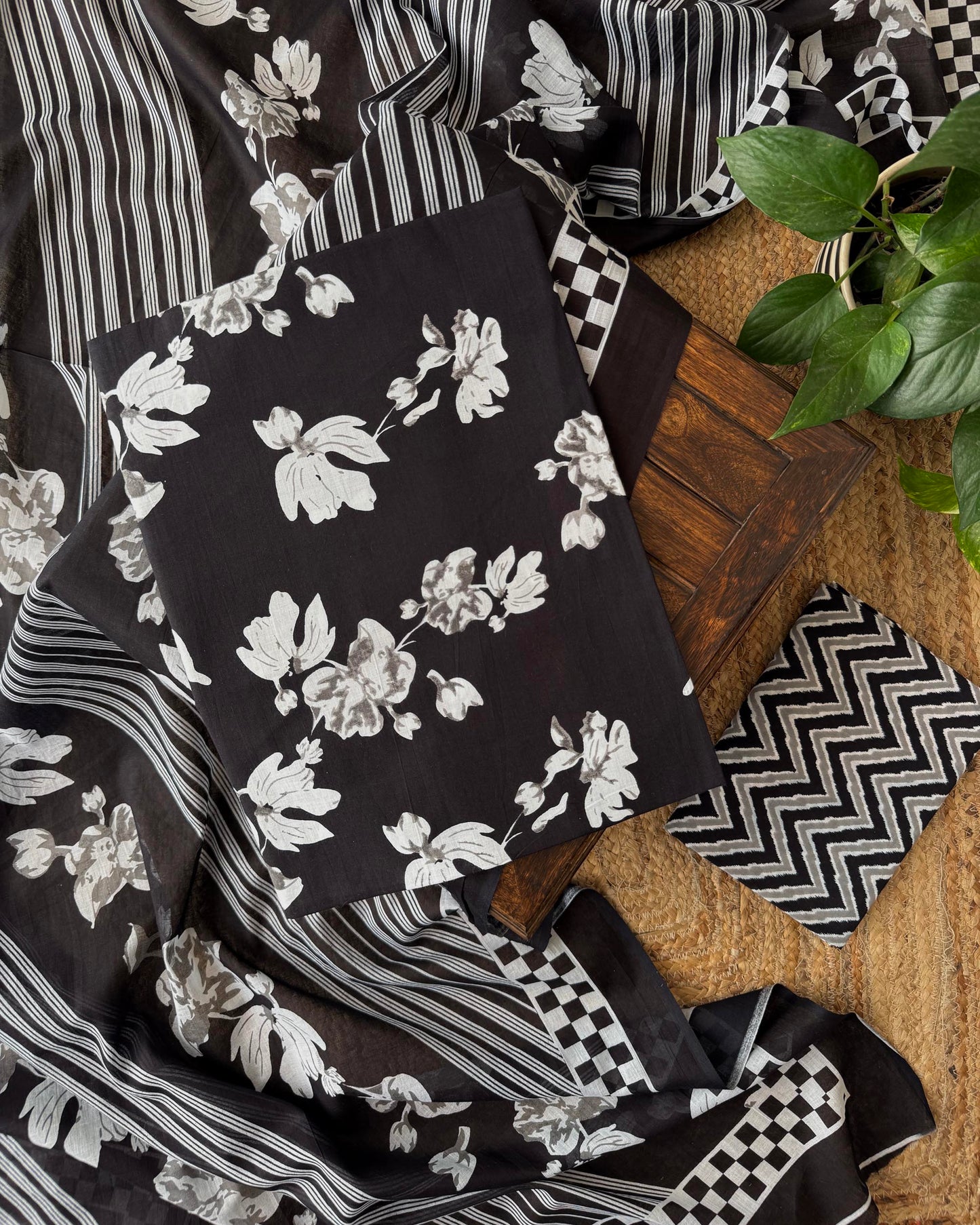 Premium Black and White Cotton Unstitched Suit Set