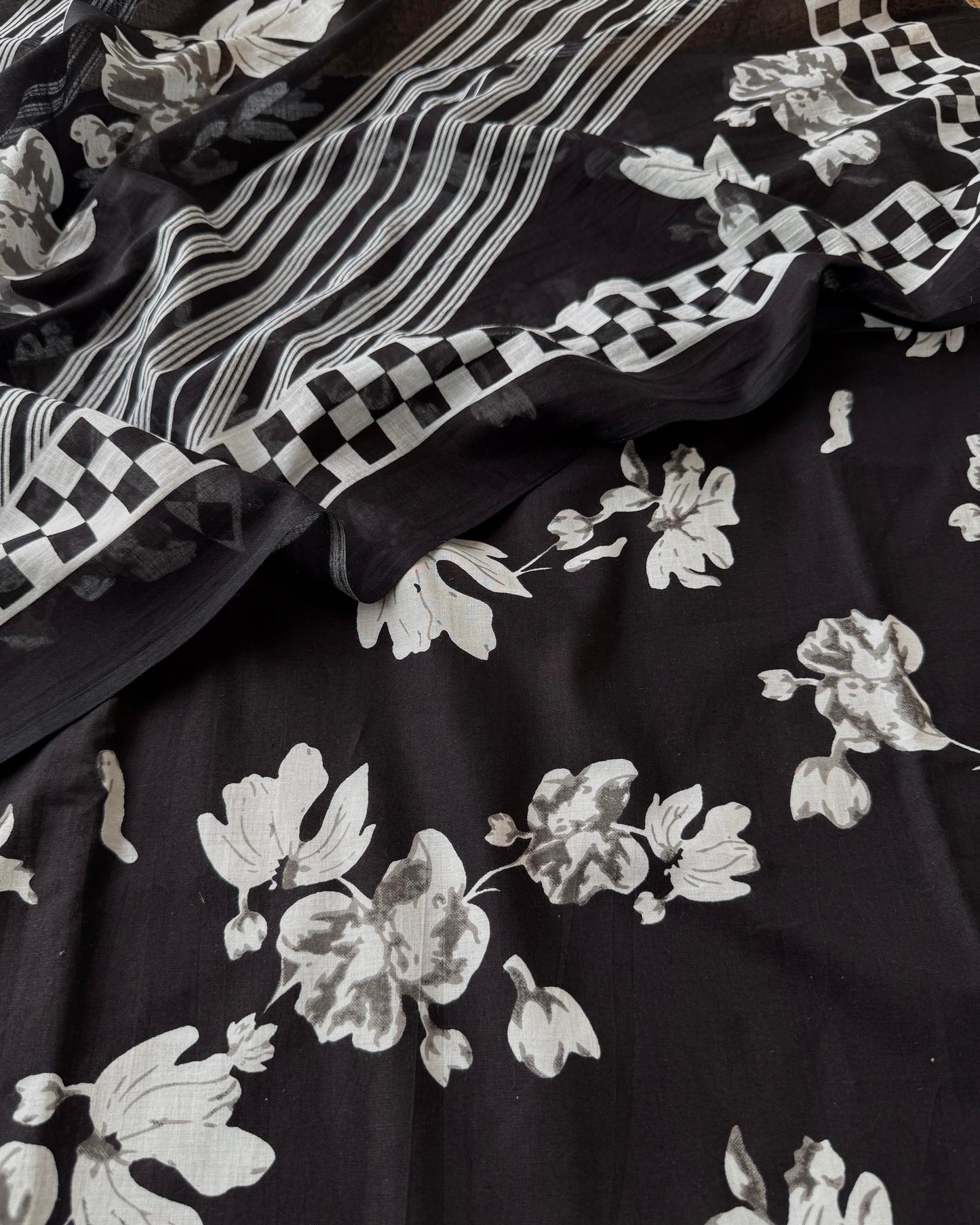 Premium Black and White Cotton Unstitched Suit Set