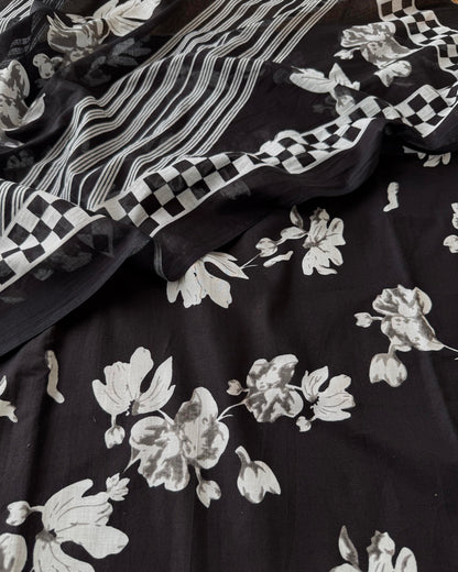 Premium Black and White Cotton Unstitched Suit Set