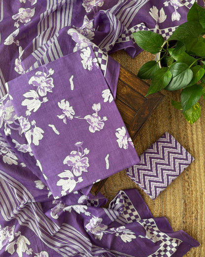 Premium Lavender and White Cotton Unstitched Suit Set