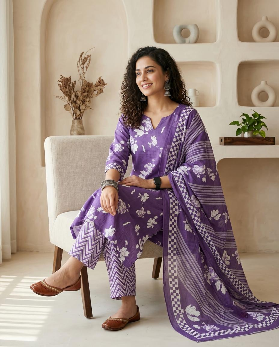 Premium Lavender and White Cotton Unstitched Suit Set