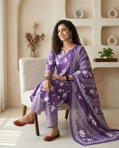 Premium Lavender and White Cotton Unstitched Suit Set